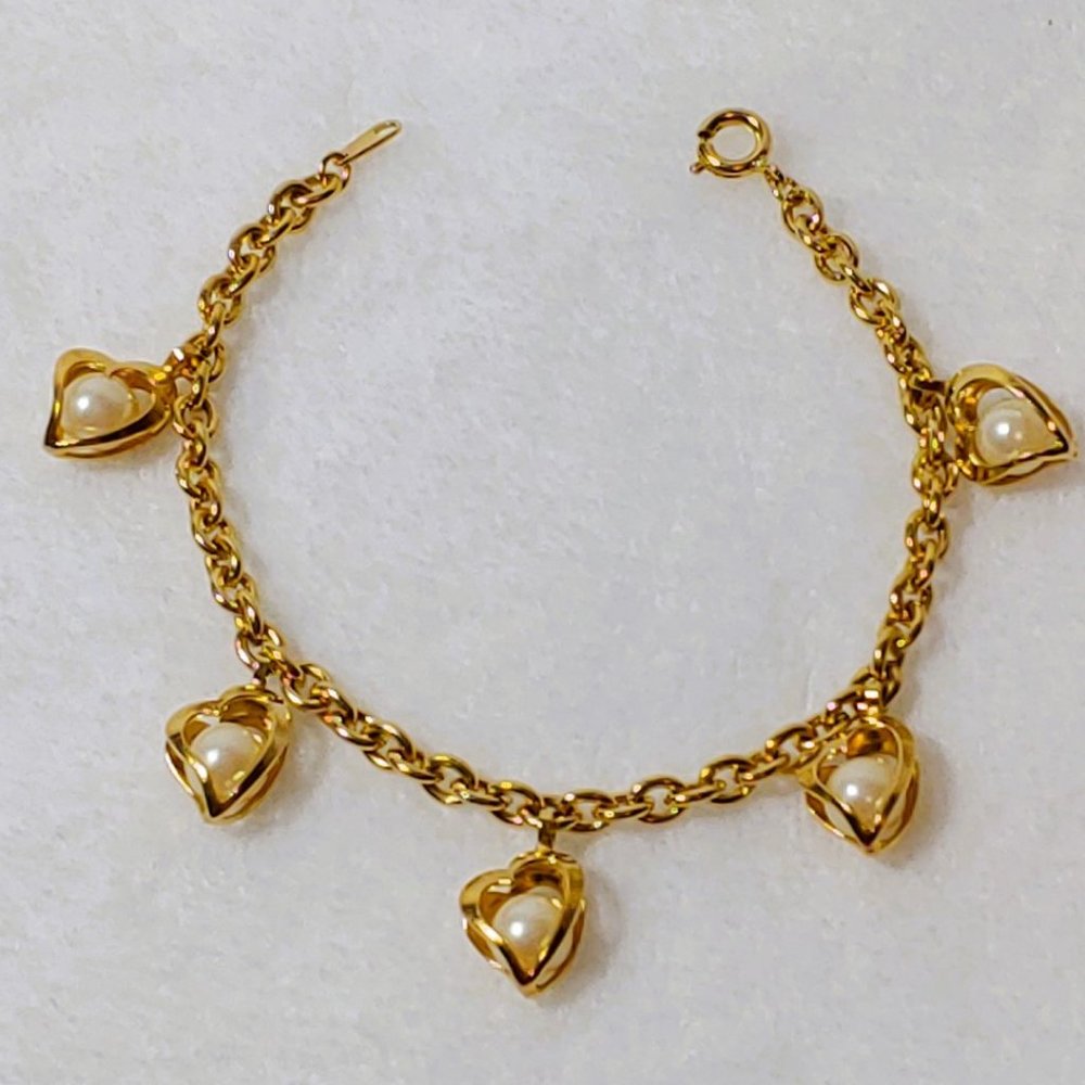Gold Tone Bracelet Faux Pearl Heart Cage Vintage